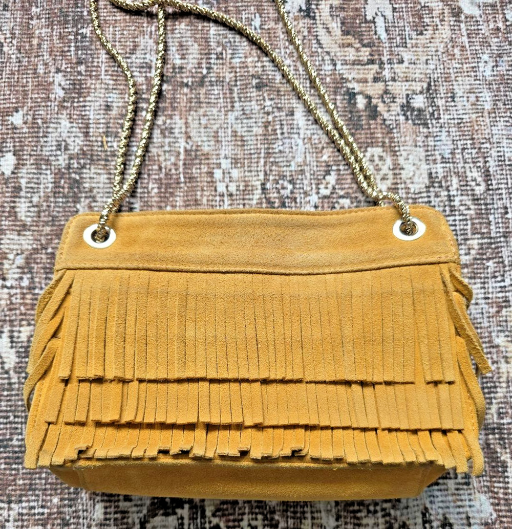 Sezane Mustard Suede Fringe Chain Crossbody Bag Boho Western Festival Paris 70s